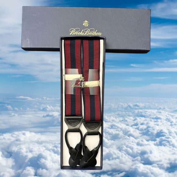 Brooks Brothers Suspenders Adjustable Striped Red Navy/ Black Leather Braces - Picture 1 of 6